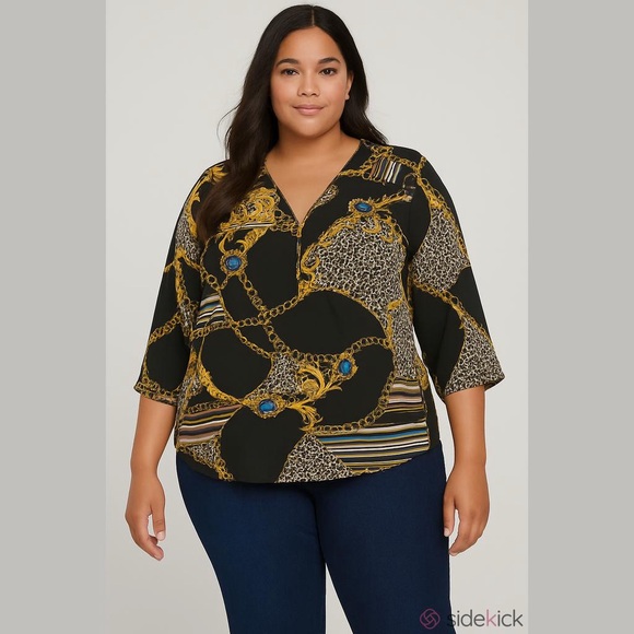 Black Graphic Blouse with Cuffed 3/4 Sleeves - Picture 1 of 5